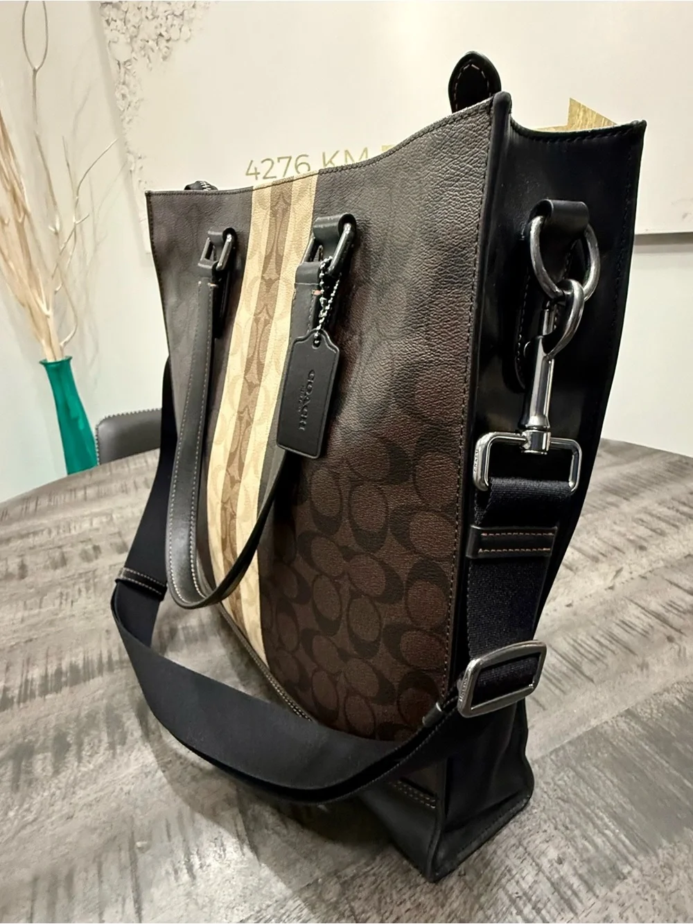 Coach Brown Signature Stripe Tote with Beige Center Stripe